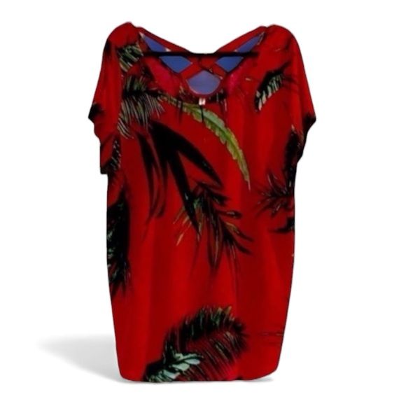Emerald Tunic top Tropical strappy back Red. Size 2X Like new. Super cute - Picture 1 of 4